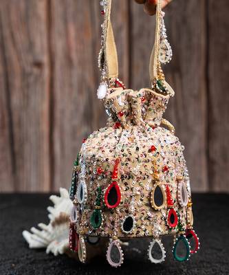 ivory multicolor mirror embroidered silk potli bag 2
