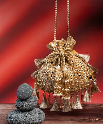 gold mirror & beaded embroidered silk potli bag 1