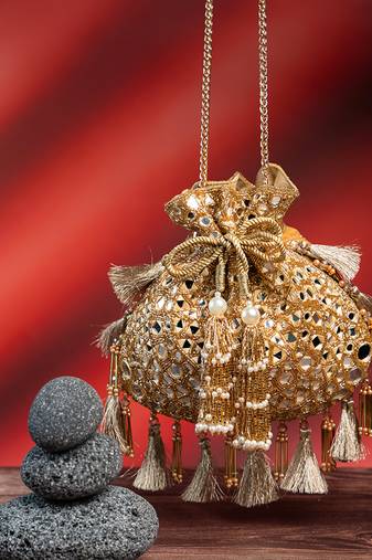 Gold silk mirror embroidered potli bag