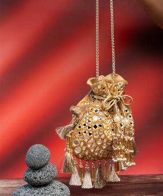 gold mirror & beaded embroidered silk potli bag 2