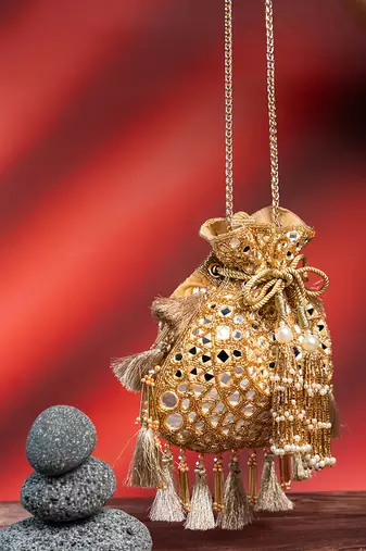gold mirror & beaded embroidered silk potli bag