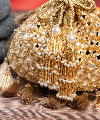 gold mirror & beaded embroidered silk potli bag 3