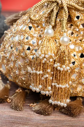 gold mirror & beaded embroidered silk potli bag