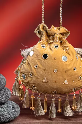 gold mirror & beaded embroidered silk potli bag