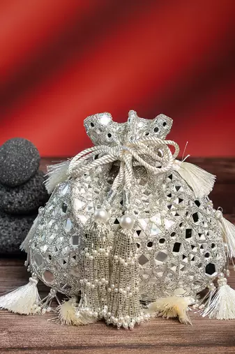 Silver silk mirror embroidered potli bag