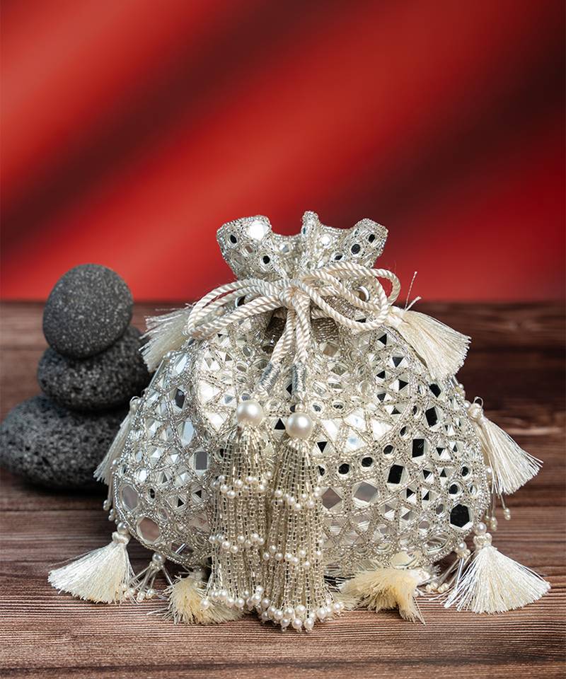 Silver silk mirror embroidered potli bag