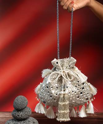 silver mirror & pearl embroidered silk potli bag 2