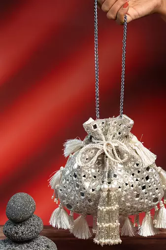 silver mirror & pearl embroidered silk potli bag