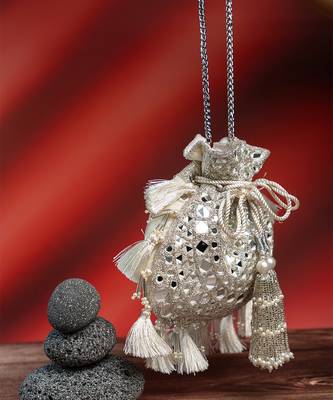 silver mirror & pearl embroidered silk potli bag 3