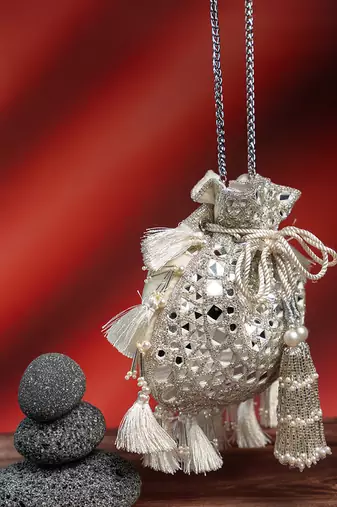 silver mirror & pearl embroidered silk potli bag