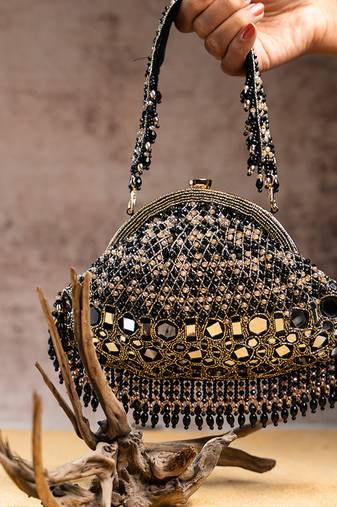 Black silk mirror embroidered clutch