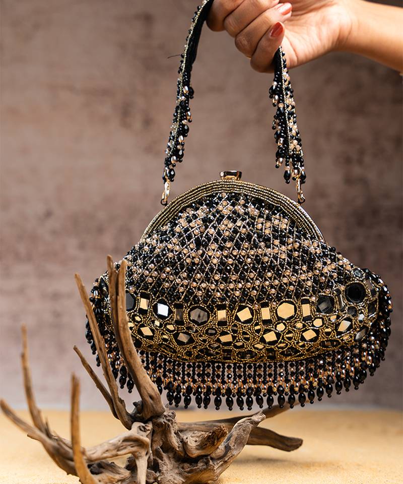 Black silk mirror embroidered clutch