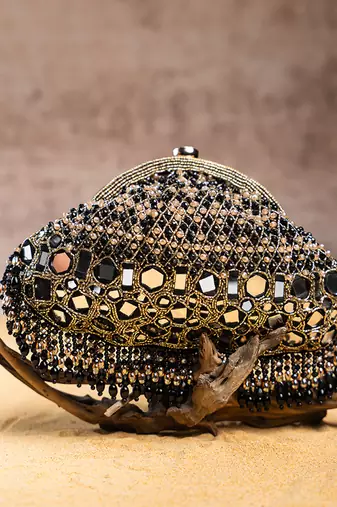 black mirror & beaded embroidered silk clutch