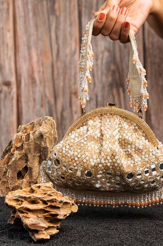 Gold silk mirror embroidered clutch