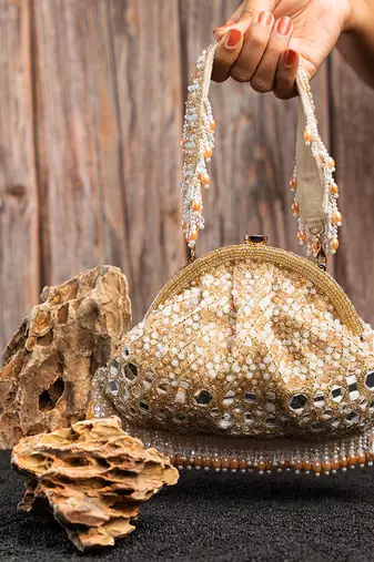 Gold silk mirror embroidered clutch