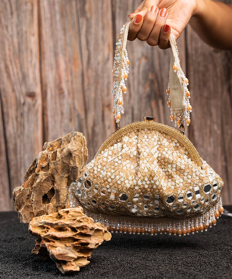 Gold silk mirror embroidered clutch