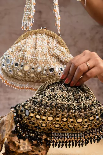 gold mirror & pearl embroidered silk clutch