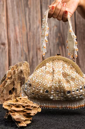 gold mirror & pearl embroidered silk clutch