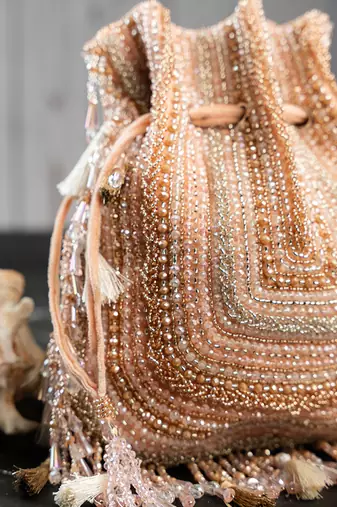 pink & gold beaded embroidered silk potli bag