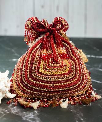 red & gold beaded embroidered silk potli bag 1