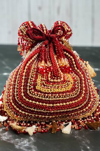 Red silk embroidered potli bag