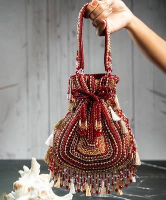 red & gold beaded embroidered silk potli bag 2