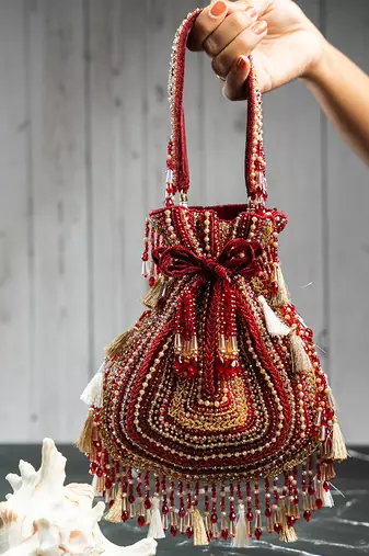 red & gold beaded embroidered silk potli bag