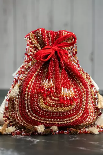 Red silk embroidered potli bag