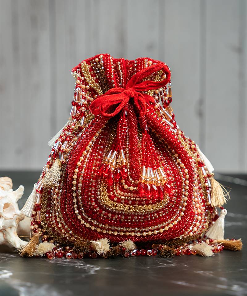 Red silk embroidered potli bag