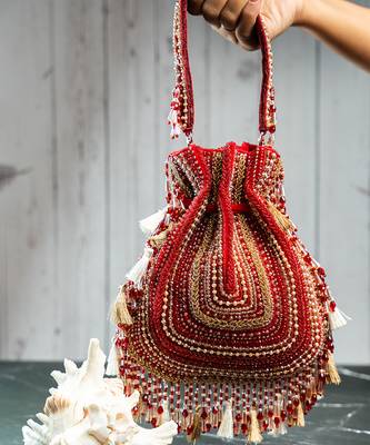red beaded embroidered silk potli bag 2
