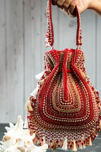 red beaded embroidered silk potli bag