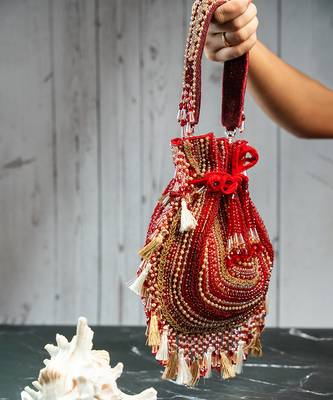 red beaded embroidered silk potli bag 3