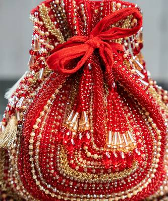 red beaded embroidered silk potli bag 4