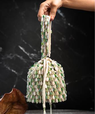 green ivory beaded embroidered suede potli bag 1