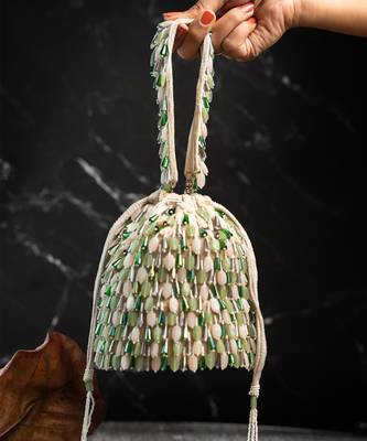 green ivory beaded embroidered suede potli bag 3