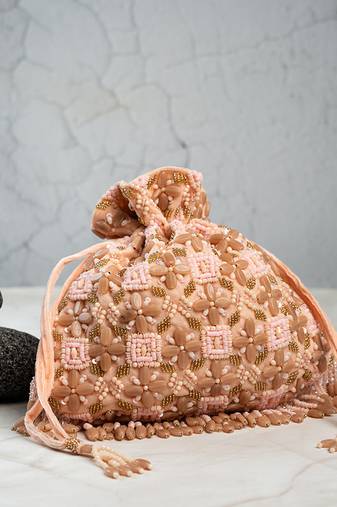 Pink silk embroidered potli bag