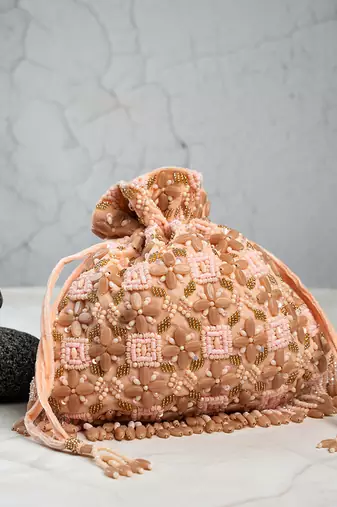 Pink silk embroidered potli bag