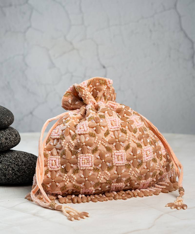 Pink silk embroidered potli bag