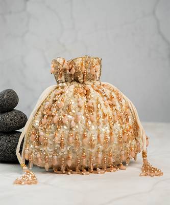 gold peach beaded embroidered silk potli bag 1