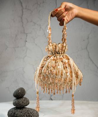 gold peach beaded embroidered silk potli bag 2
