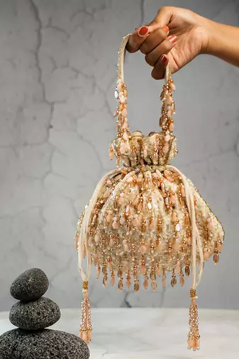 gold peach beaded embroidered silk potli bag
