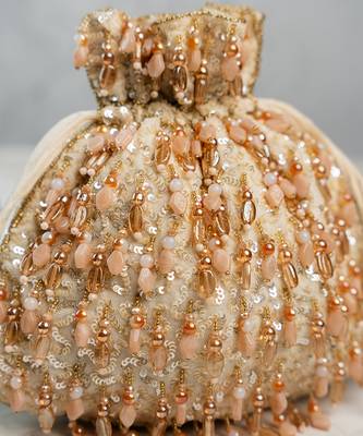 gold peach beaded embroidered silk potli bag 3