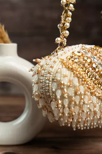 gold beaded tassel embroidered silk clutch
