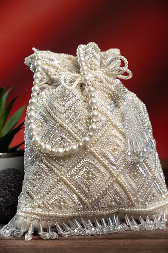 White silk embroidered potli bag