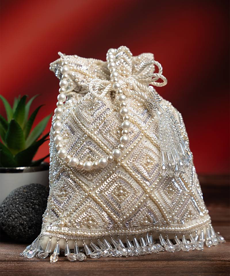 White silk embroidered potli bag