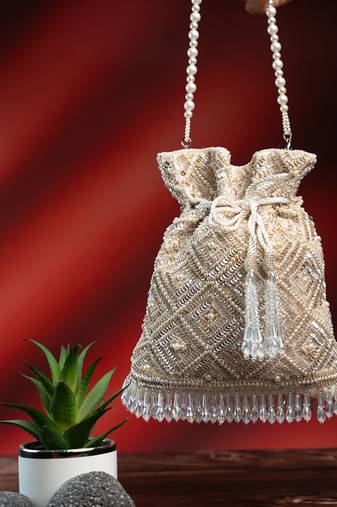 White silk embroidered potli bag