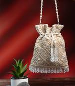 white criss-cross pearl embroidered silk potli bag