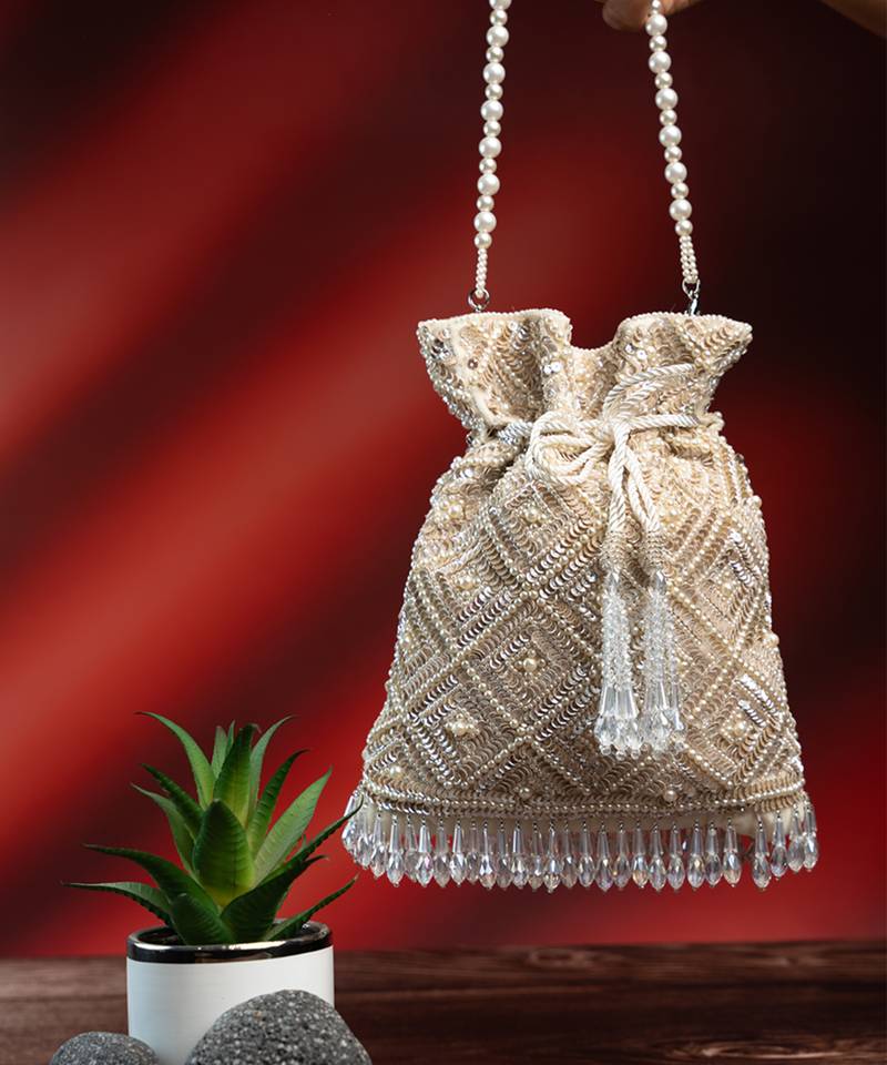 White silk embroidered potli bag