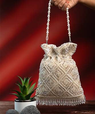 white criss-cross pearl embroidered silk potli bag 2