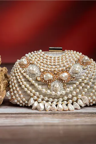 White silk pearl embroidered clutch